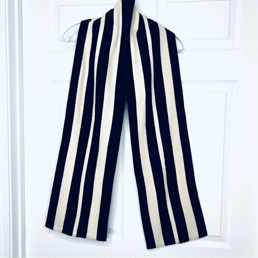 Black and Cream  Striped Scarf Wool double fabric 9” x 70”  Unisex